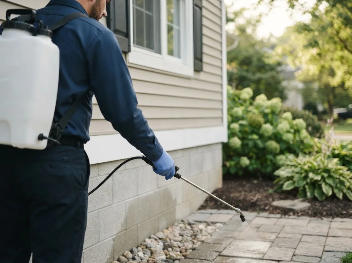 Pest control technician inspecting a home in Fairview, IL